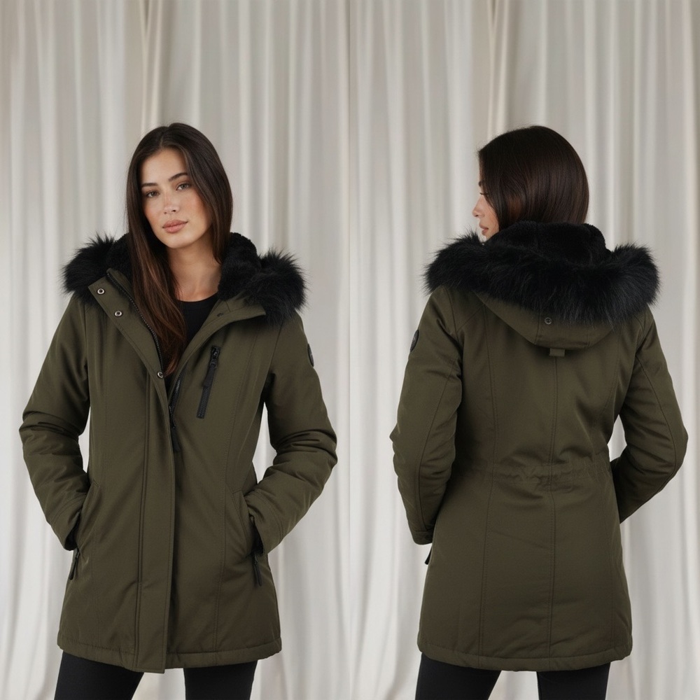Calvin Klein Olive Green Faux Fur Trim Coat M